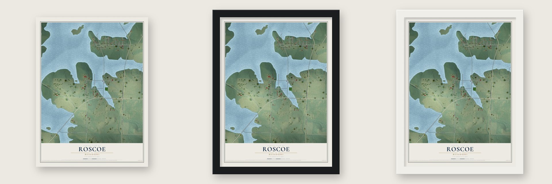Roscoe, Missouri map unframed, in a black wood frame and in a white wood frame