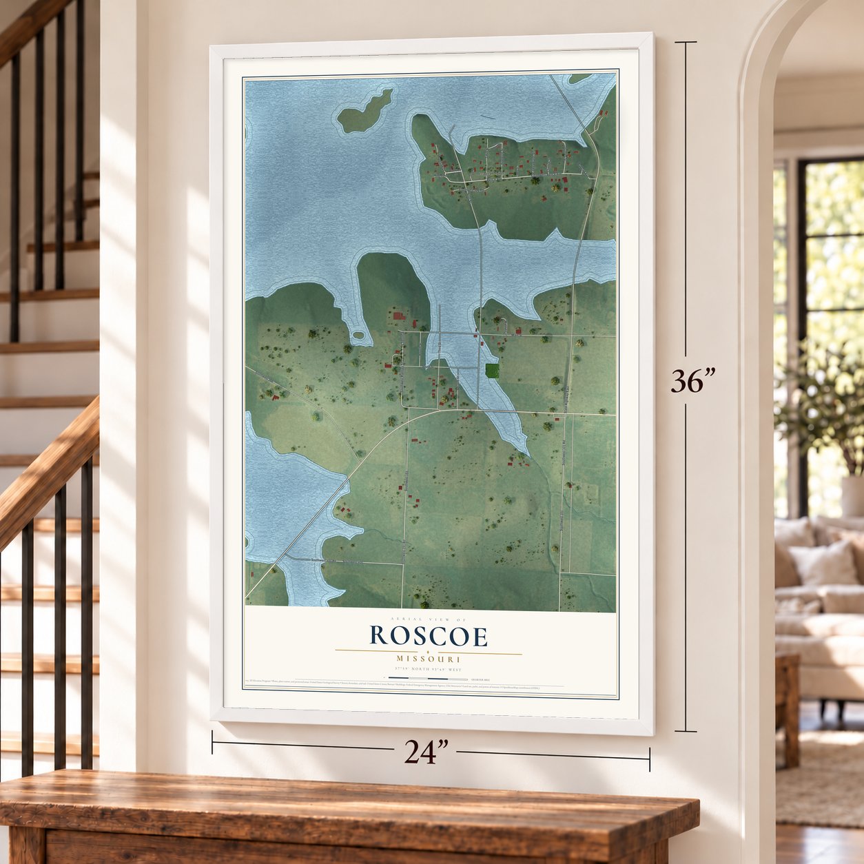 Roscoe, Missouri map, 24 x 36 inch print in a white frame by a staircase