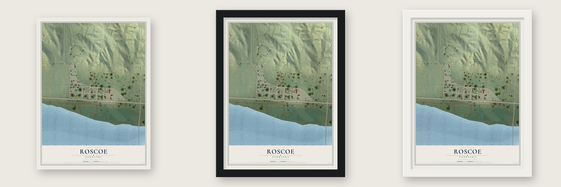 Roscoe, Nebraska map unframed, in a black wood frame and in a white wood frame