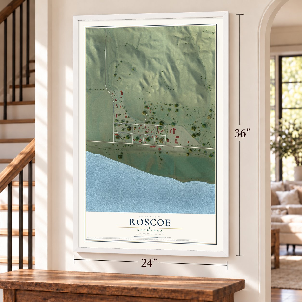 Roscoe, Nebraska map, 24 x 36 inch print in a white frame by a staircase