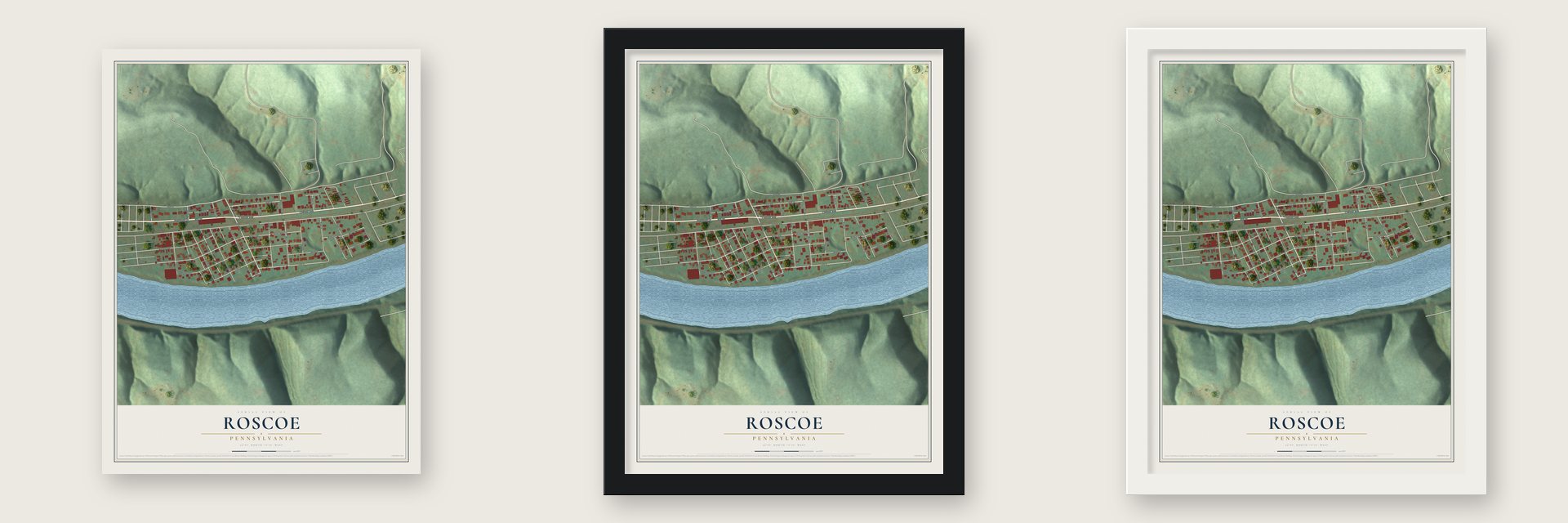 Roscoe, Pennsylvania map unframed, in a black wood frame and in a white wood frame