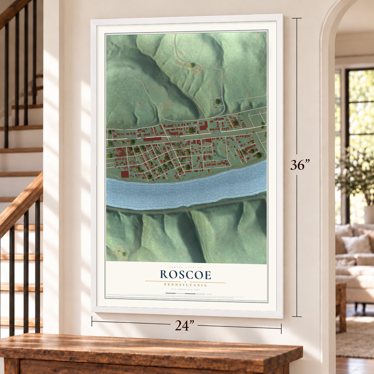 Roscoe, Pennsylvania map, 24 x 36 inch print in a white frame by a staircase