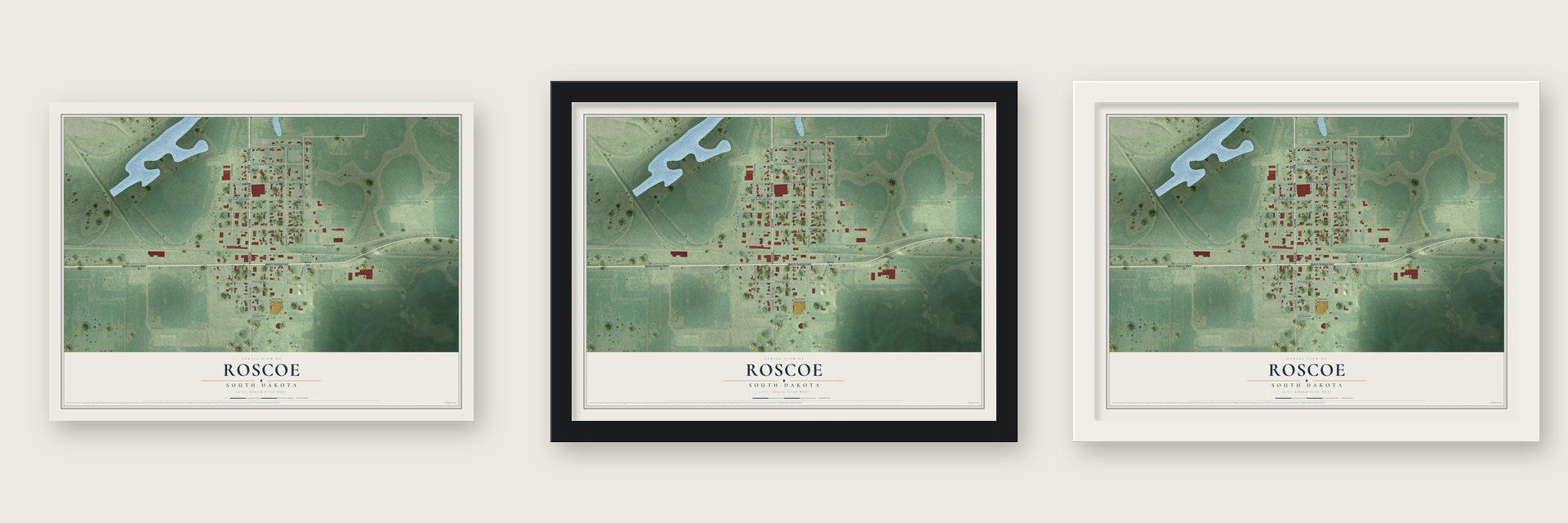 Roscoe, South Dakota map unframed, in a black wood frame and in a white wood frame