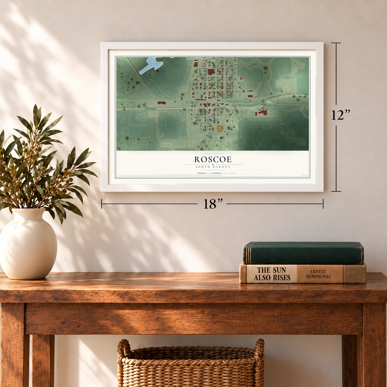 Roscoe, South Dakota map, 12 x 18 inch print in a white frame in an entryway