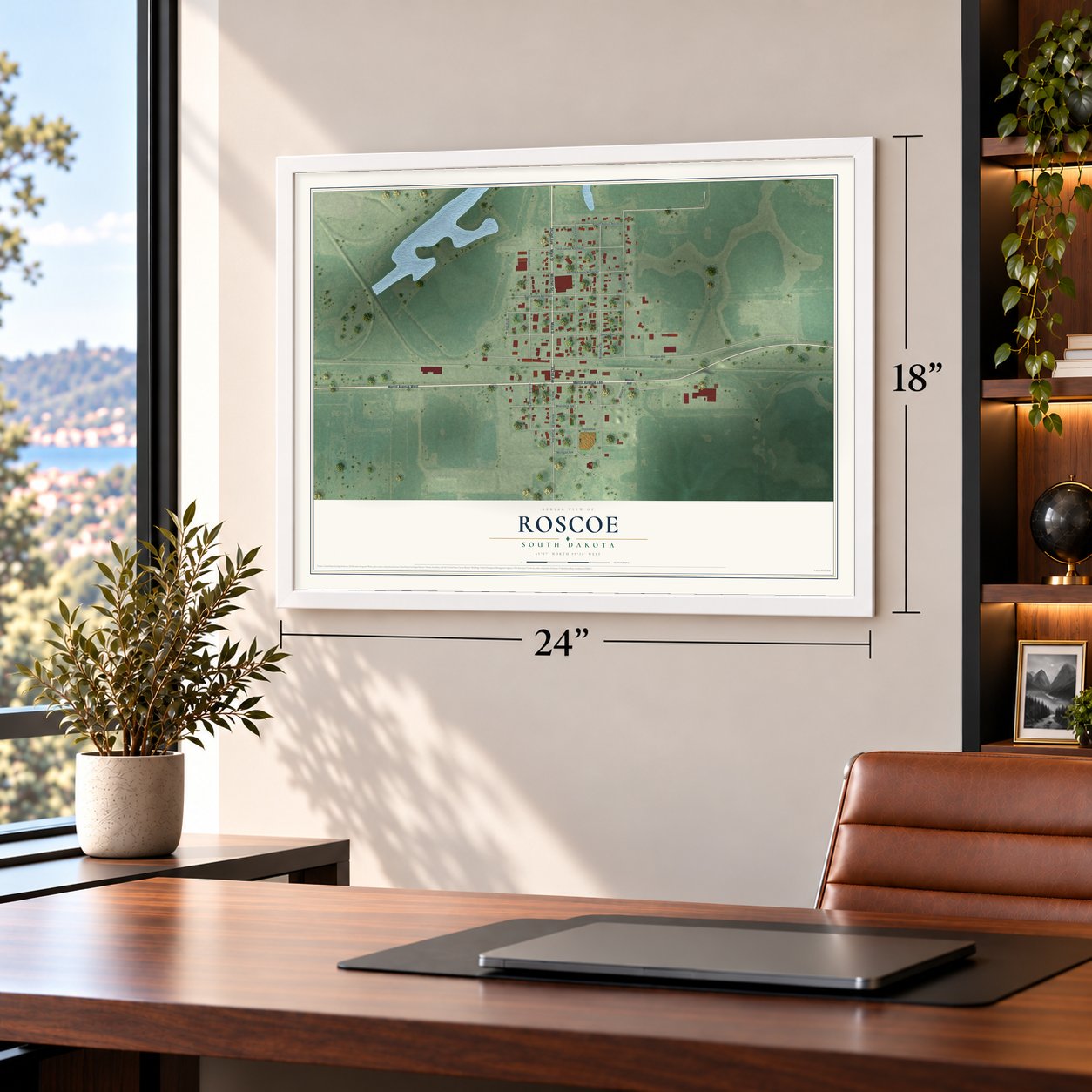 Roscoe, South Dakota map, 18 x 24 inch print in a white frame in a home office