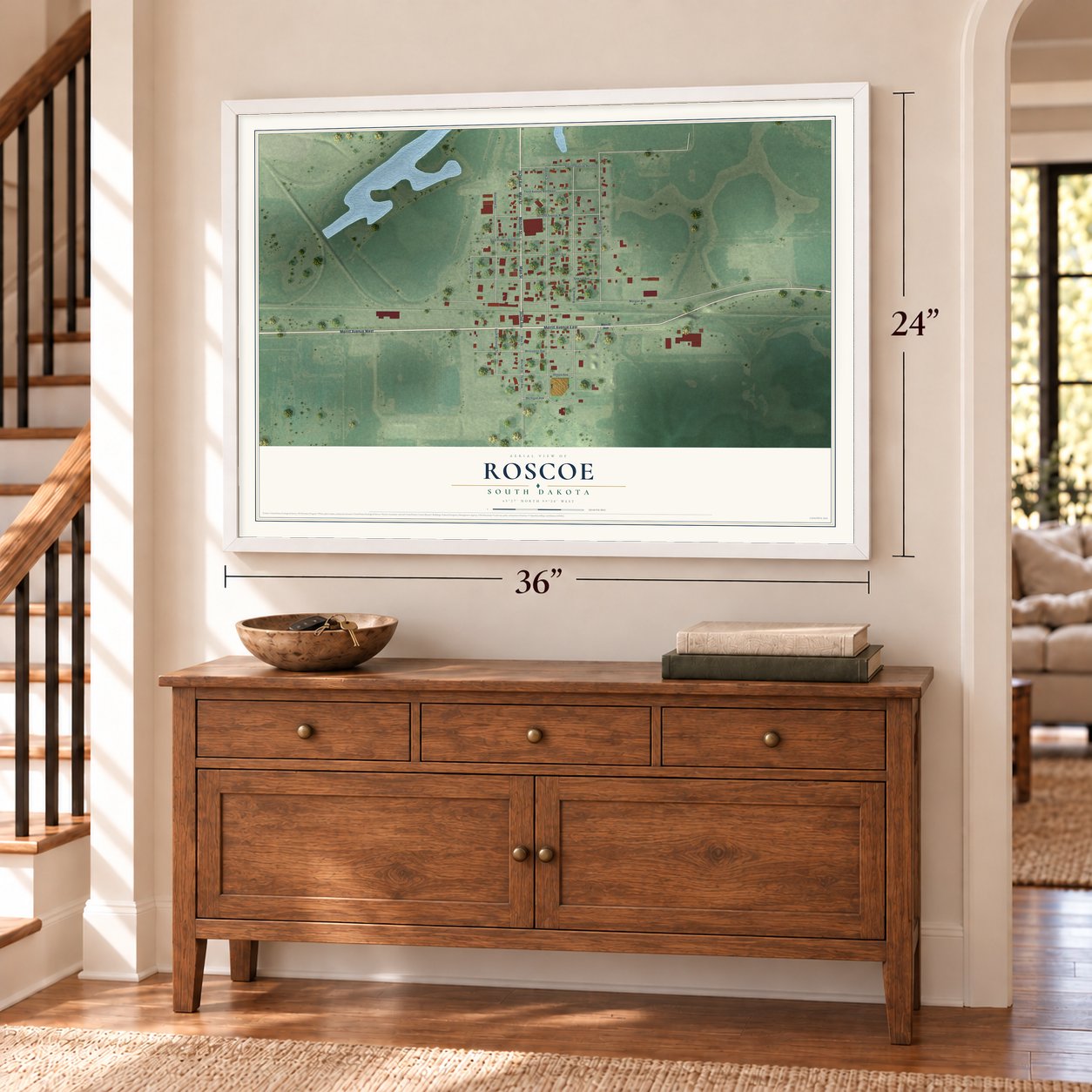 Roscoe, South Dakota map, 24 x 36 inch print in a white frame above a dresser by a staircase