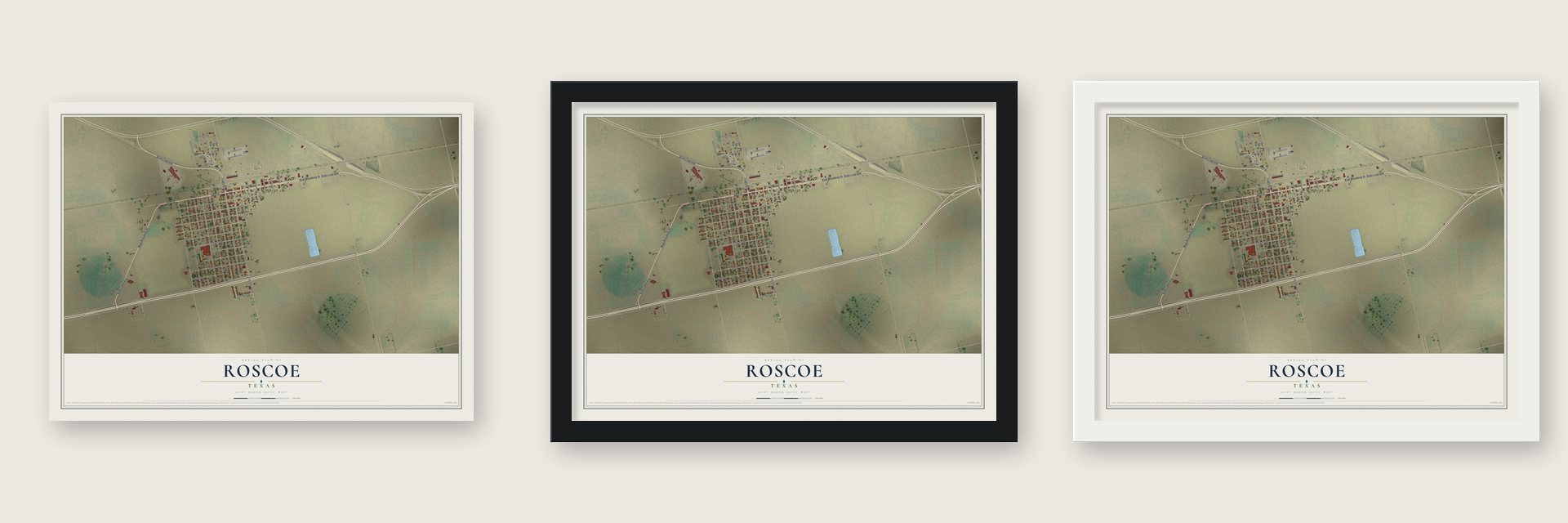 Roscoe, Texas map unframed, in a black wood frame and in a white wood frame