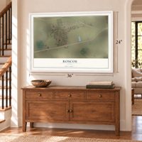 Roscoe, Texas map, 24 x 36 inch print in a white frame above a dresser by a staircase