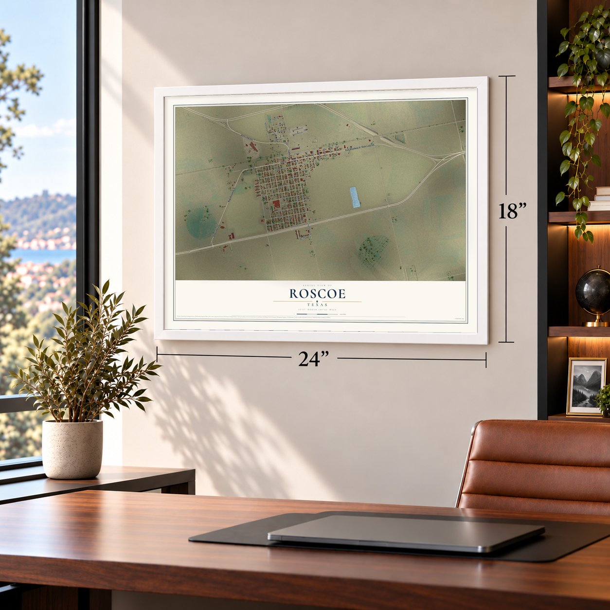 Roscoe, Texas map, 18 x 24 inch print in a white frame in a home office