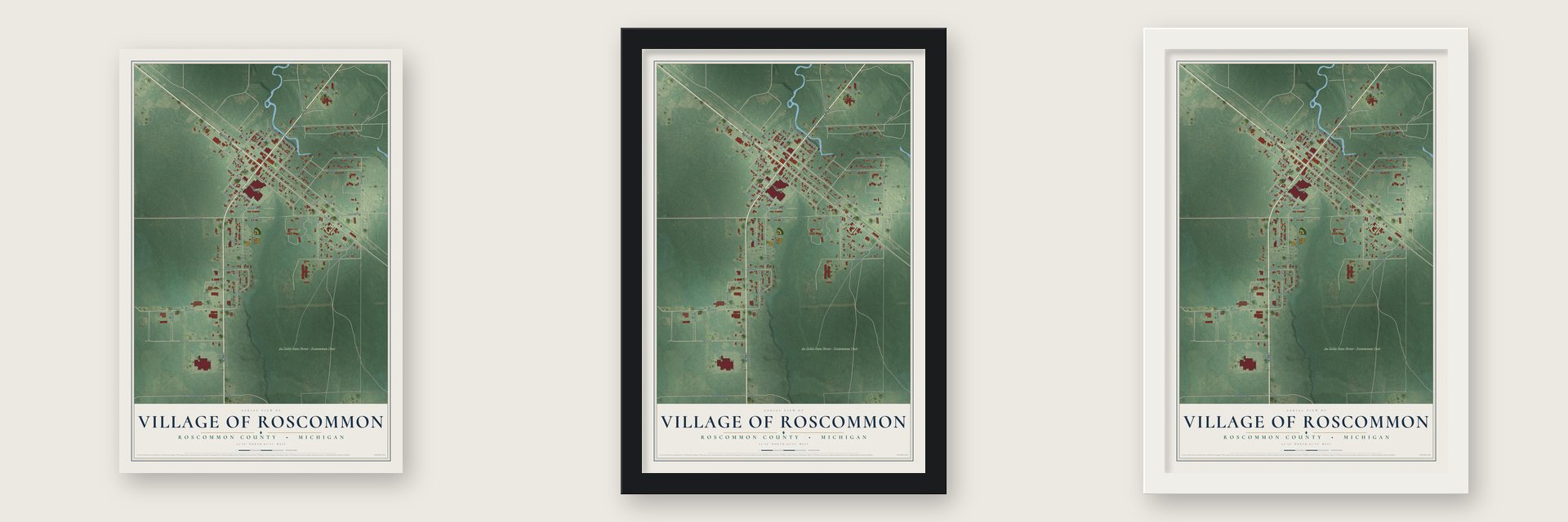 Roscommon, Michigan map unframed, in a black wood frame and in a white wood frame