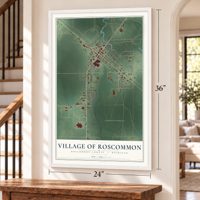 Roscommon, Michigan map, 24 x 36 inch print in a white frame by a staircase