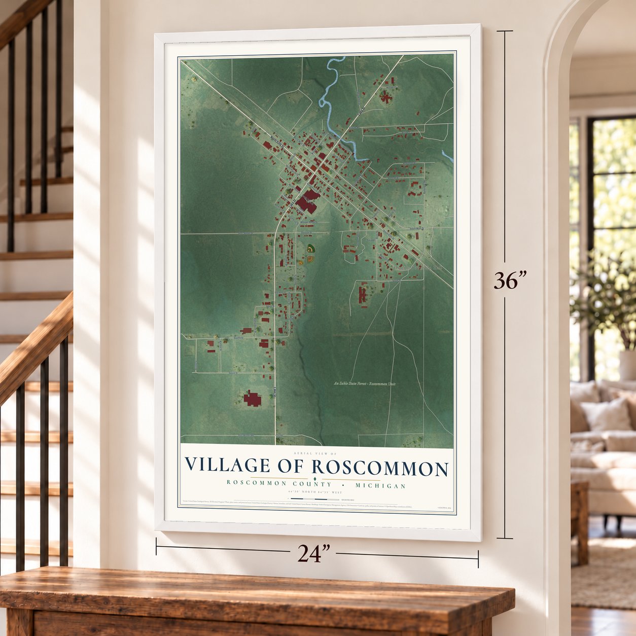 Roscommon, Michigan map, 24 x 36 inch print in a white frame by a staircase