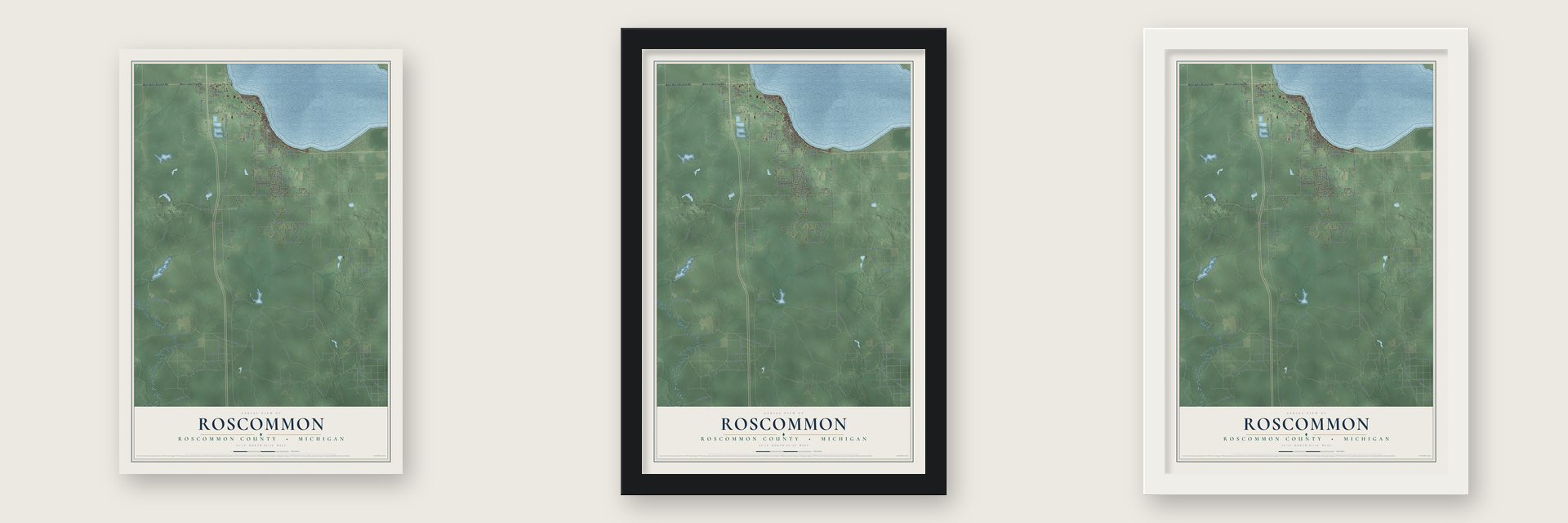Roscommon, Roscommon County, Michigan map unframed, in a black wood frame and in a white wood frame