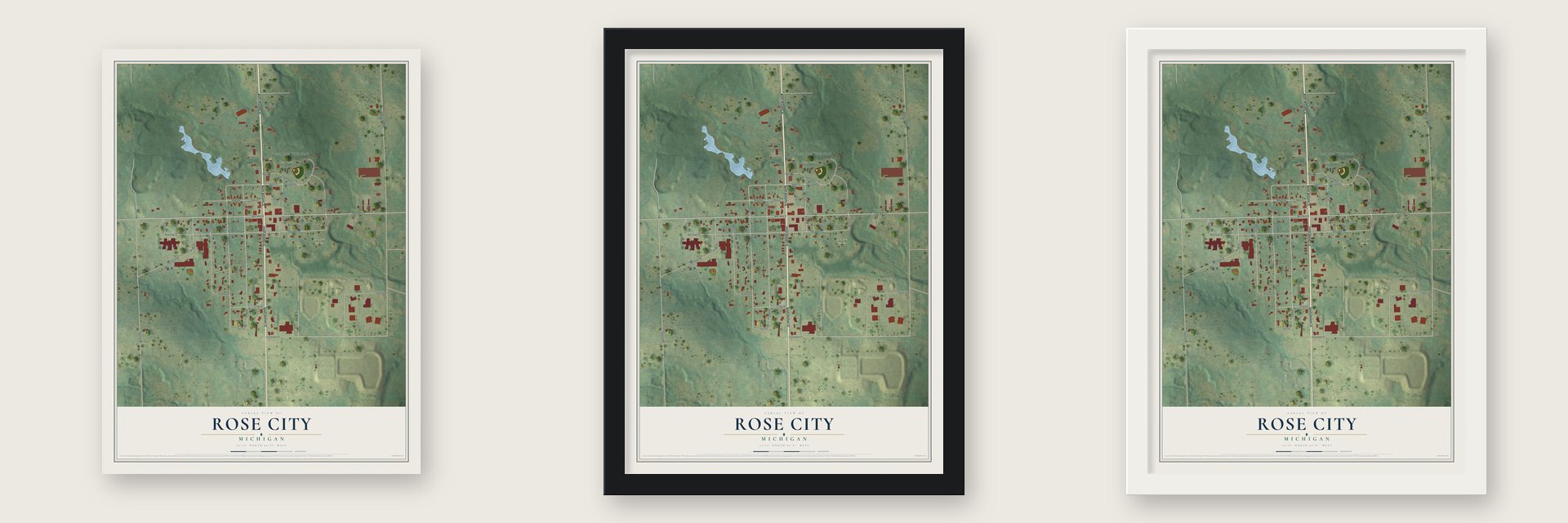 Rose City, Michigan map unframed, in a black wood frame and in a white wood frame