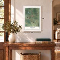 Rose City, Michigan map, 12 x 18 inch print in a white frame in an entryway