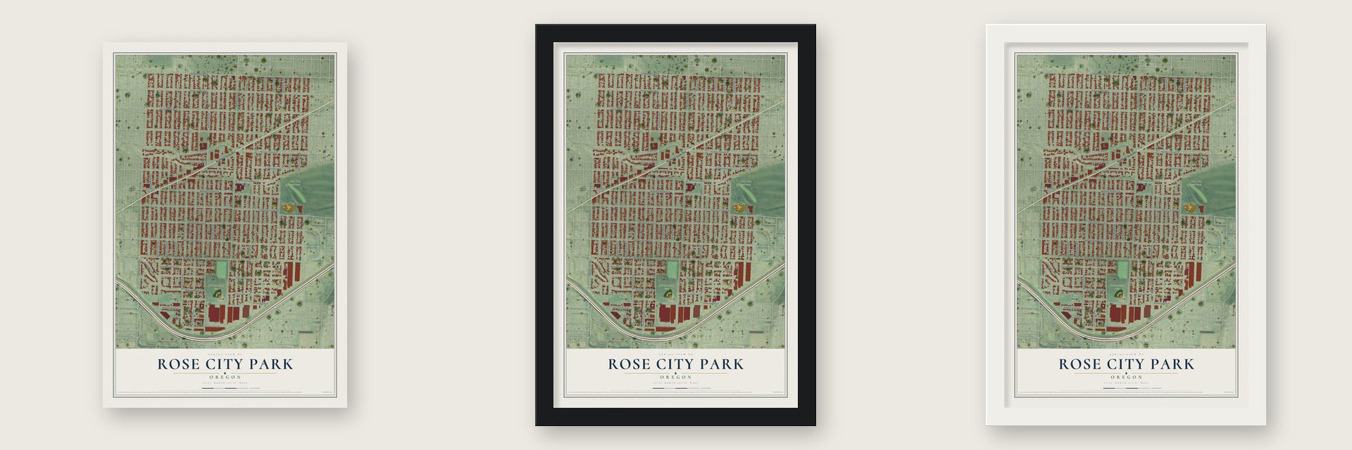 Rose City Park, Oregon map unframed, in a black wood frame and in a white wood frame
