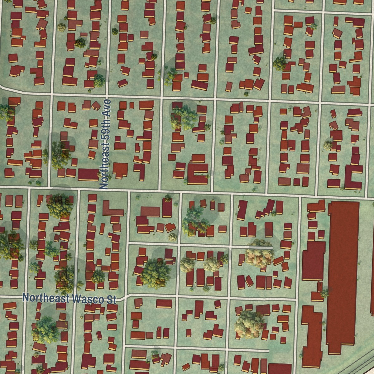 Second close-up of the map of Rose City Park, Oregon print showing more streets and buildings