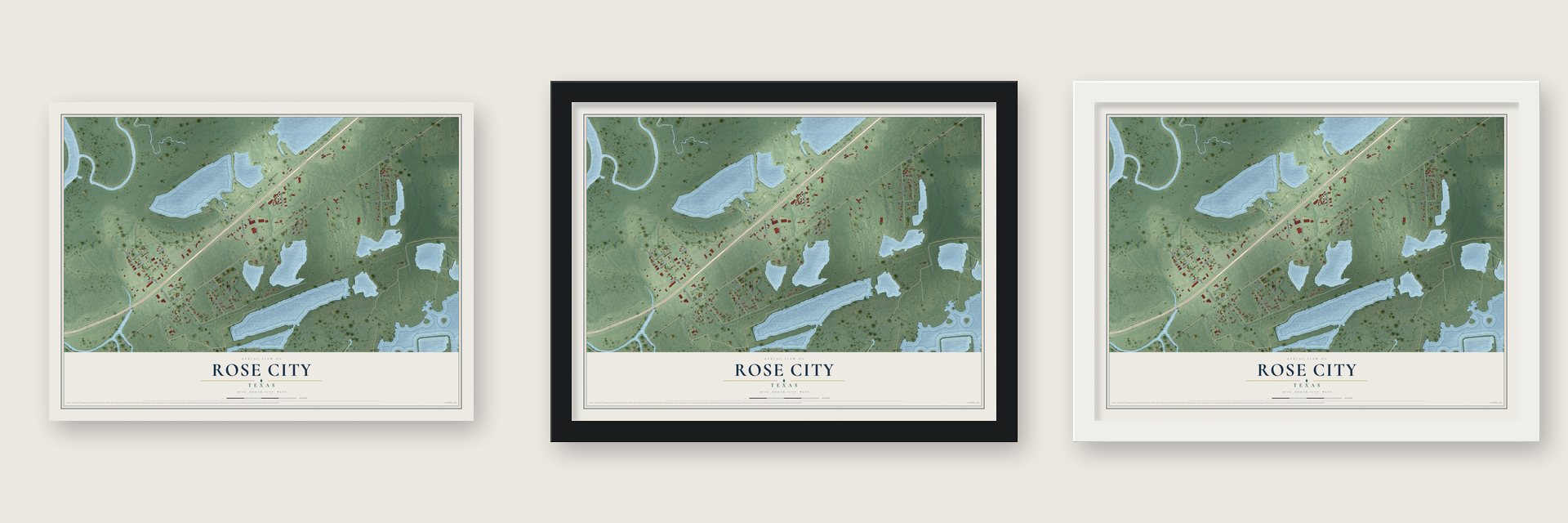 Rose City, Texas map unframed, in a black wood frame and in a white wood frame
