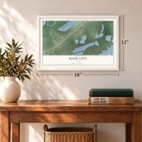 Rose City, Texas map, 12 x 18 inch print in a white frame in an entryway