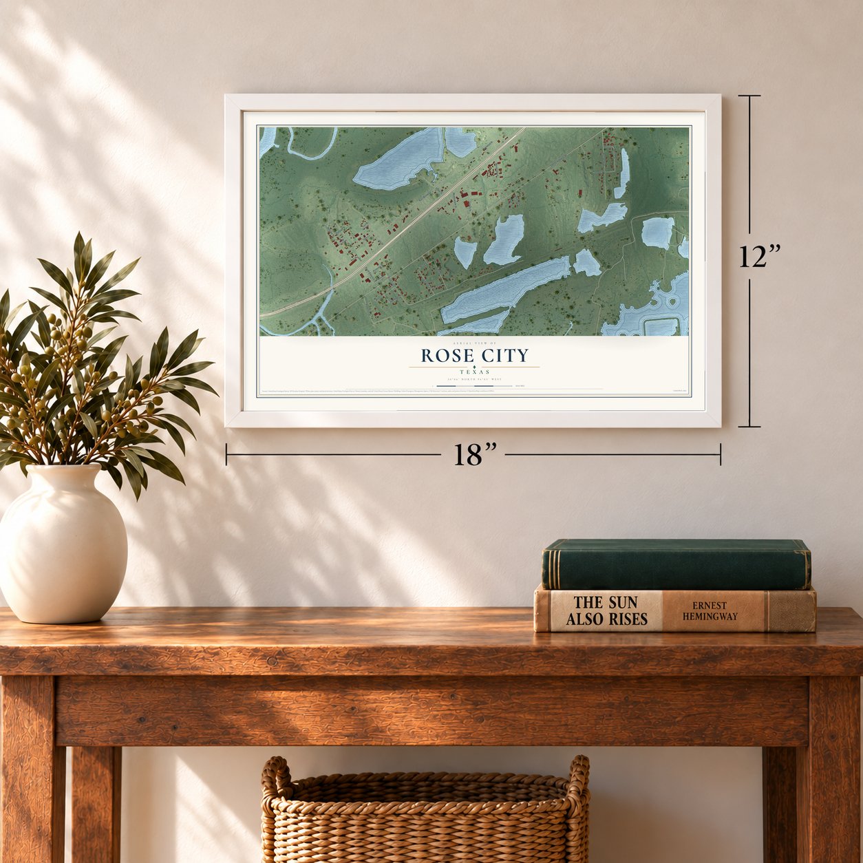 Rose City, Texas map, 12 x 18 inch print in a white frame in an entryway