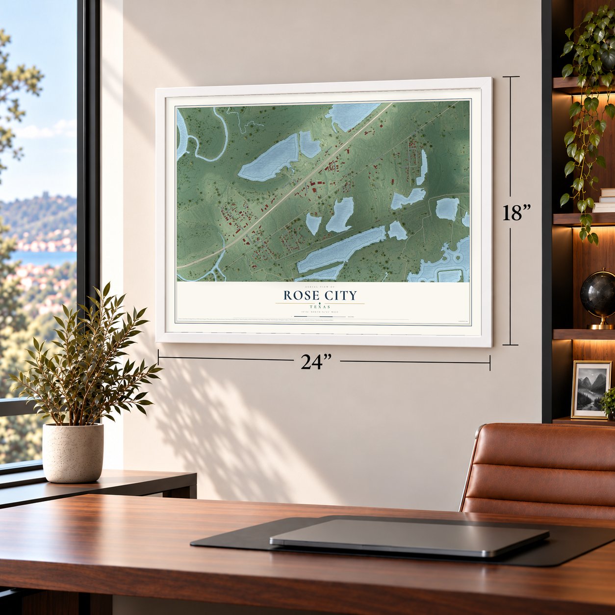 Rose City, Texas map, 18 x 24 inch print in a white frame in a home office