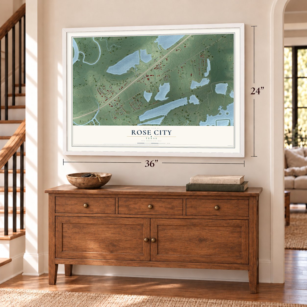 Rose City, Texas map, 24 x 36 inch print in a white frame above a dresser by a staircase