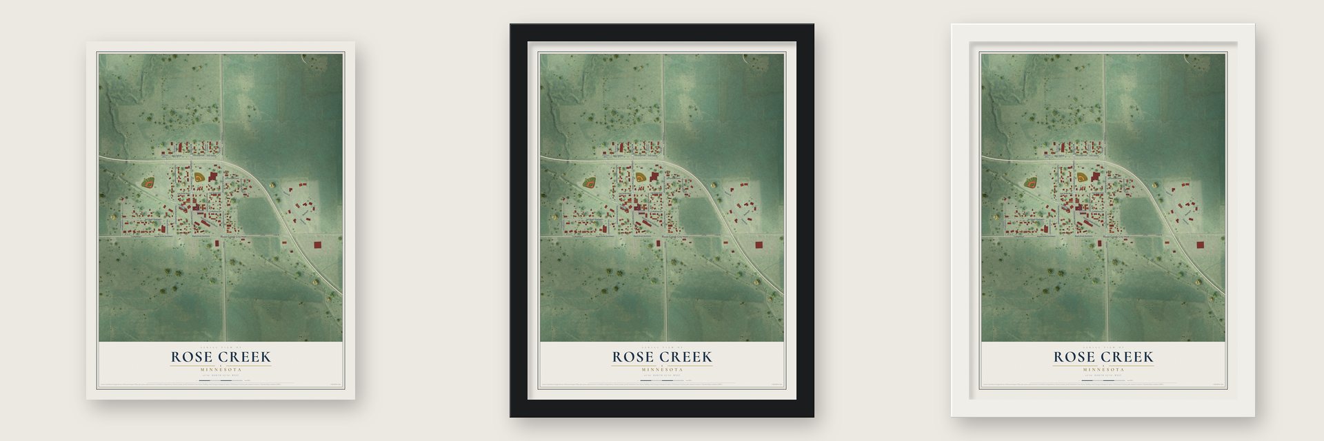Rose Creek, Minnesota map unframed, in a black wood frame and in a white wood frame
