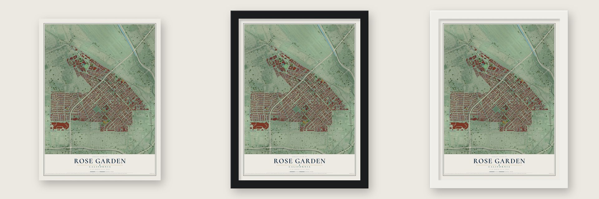Rose Garden, California map unframed, in a black wood frame and in a white wood frame