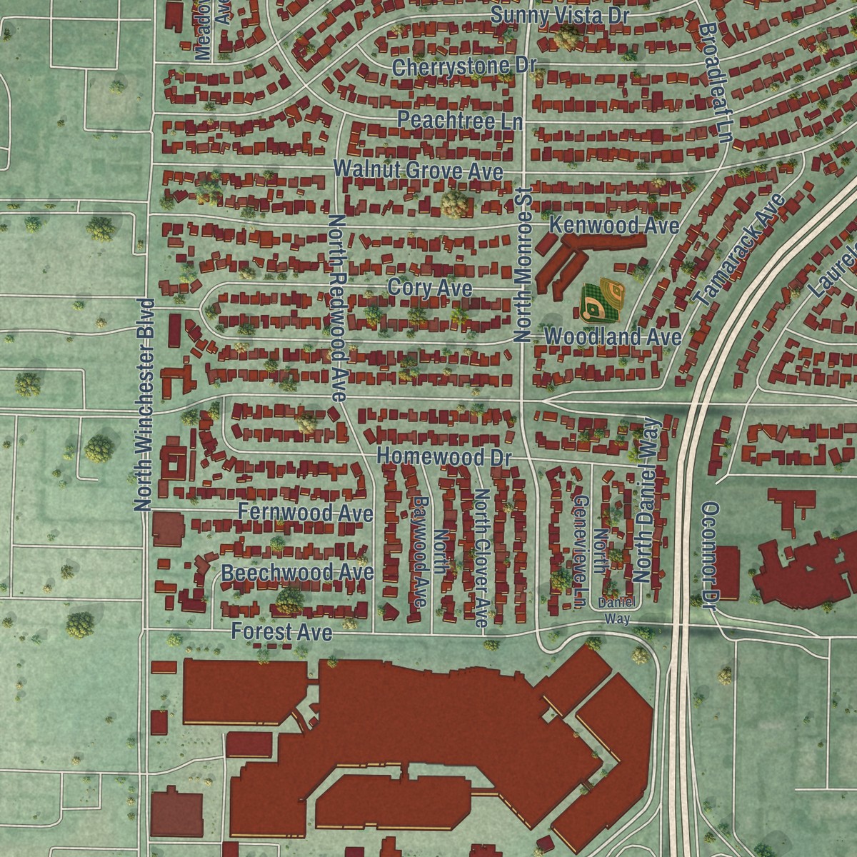 Second close-up of the map of Rose Garden, California print showing more streets and buildings
