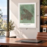 Rose Garden, California map, 18 x 24 inch print in a white frame in a home office