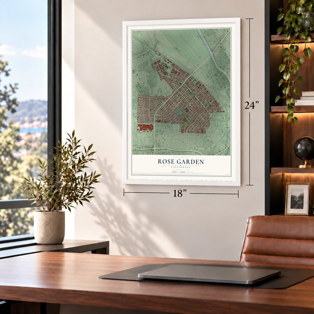 Rose Garden, California map, 18 x 24 inch print in a white frame in a home office