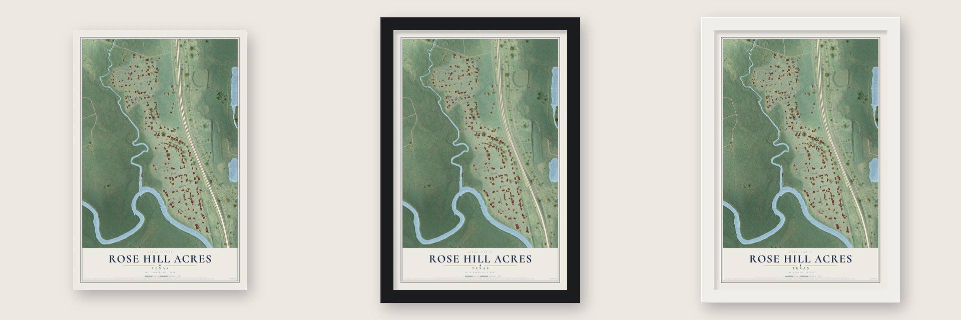 Rose Hill Acres, Texas map unframed, in a black wood frame and in a white wood frame