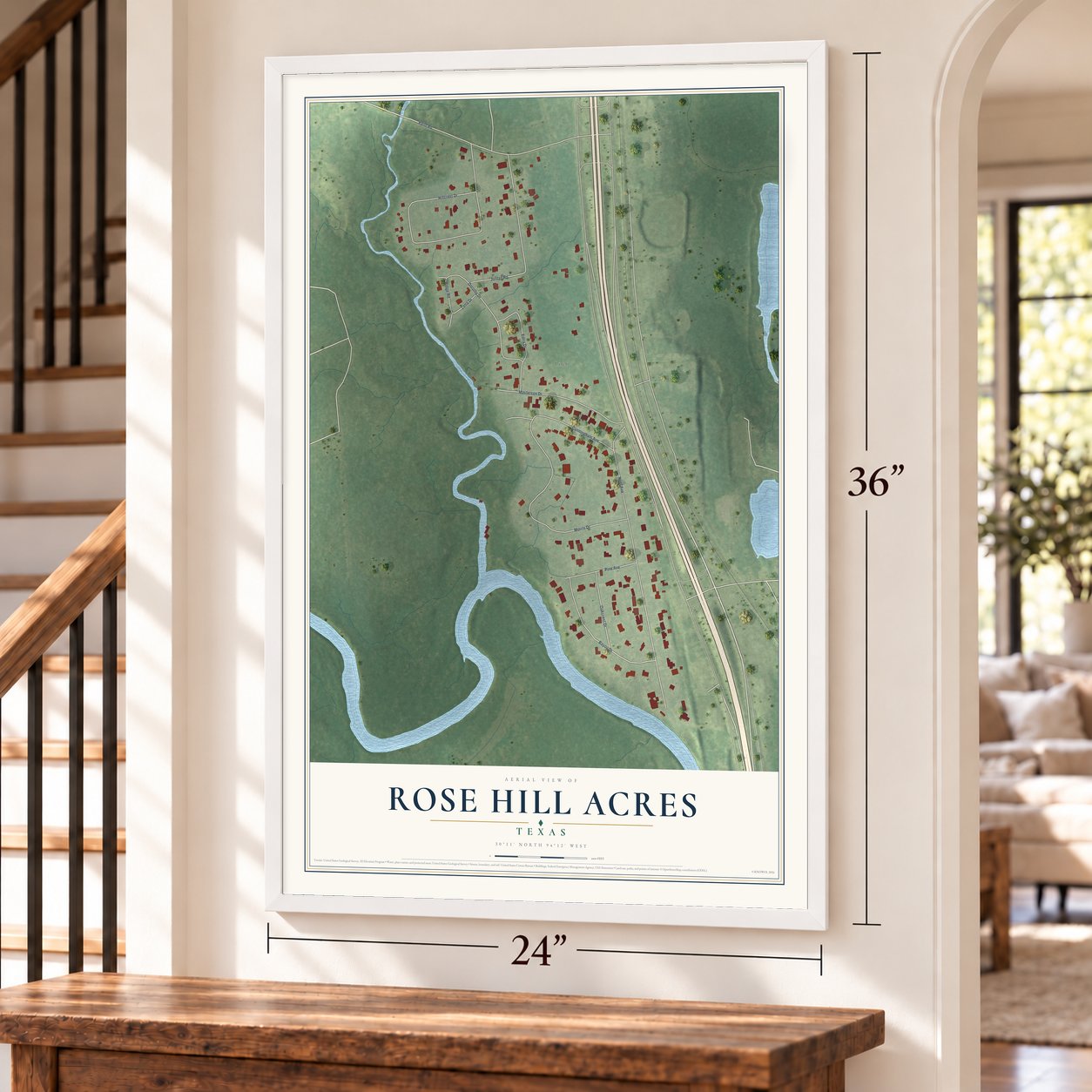 Rose Hill Acres, Texas map, 24 x 36 inch print in a white frame by a staircase