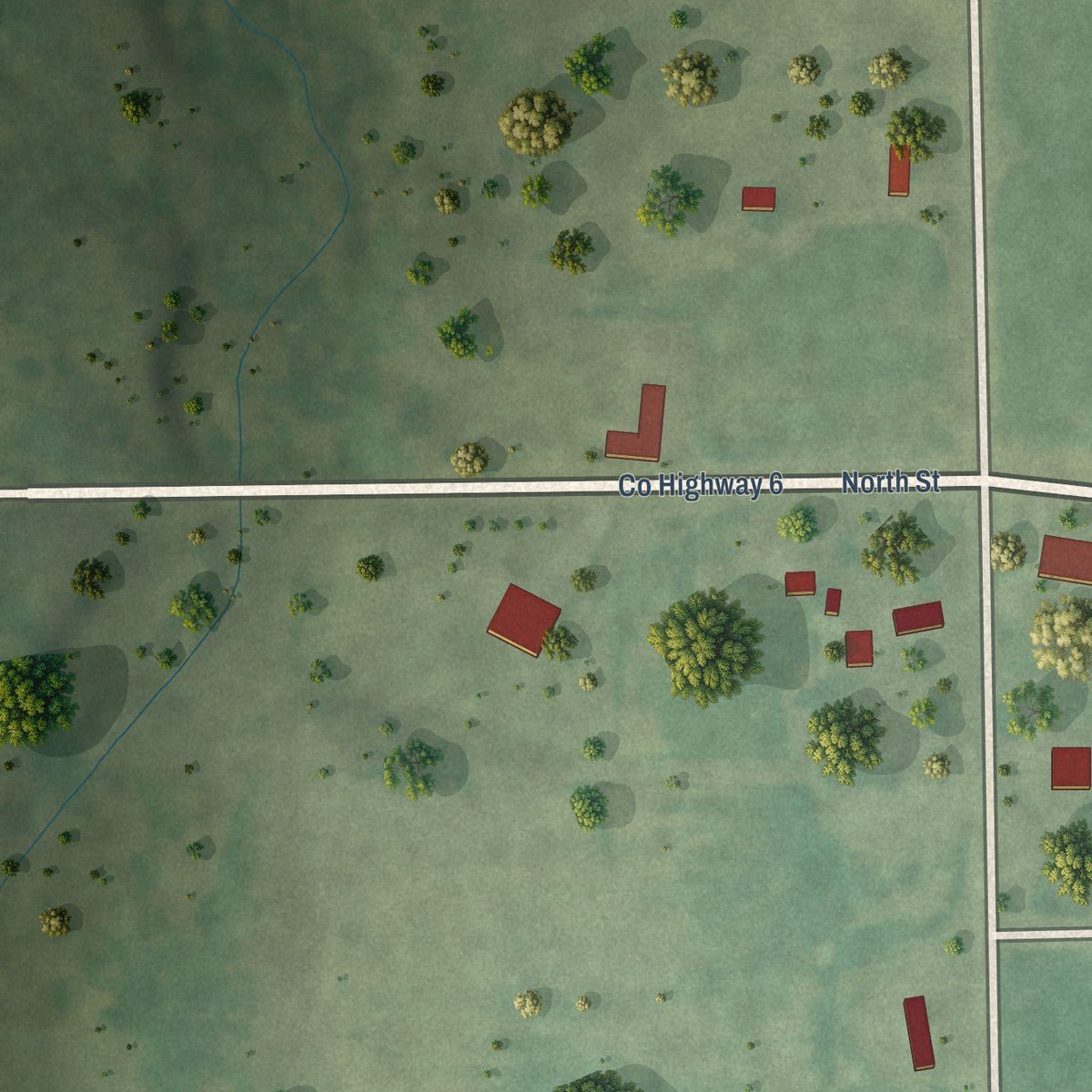 Second close-up of the map of Rose Hill, Illinois print showing more streets and buildings
