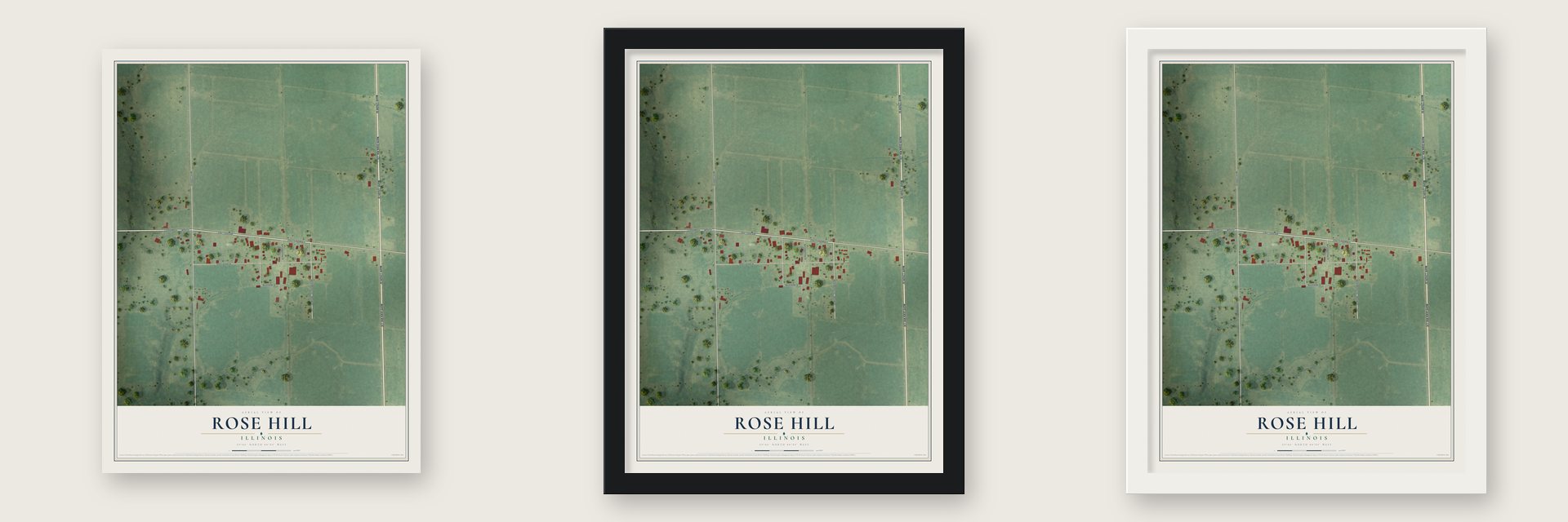 Rose Hill, Illinois map unframed, in a black wood frame and in a white wood frame
