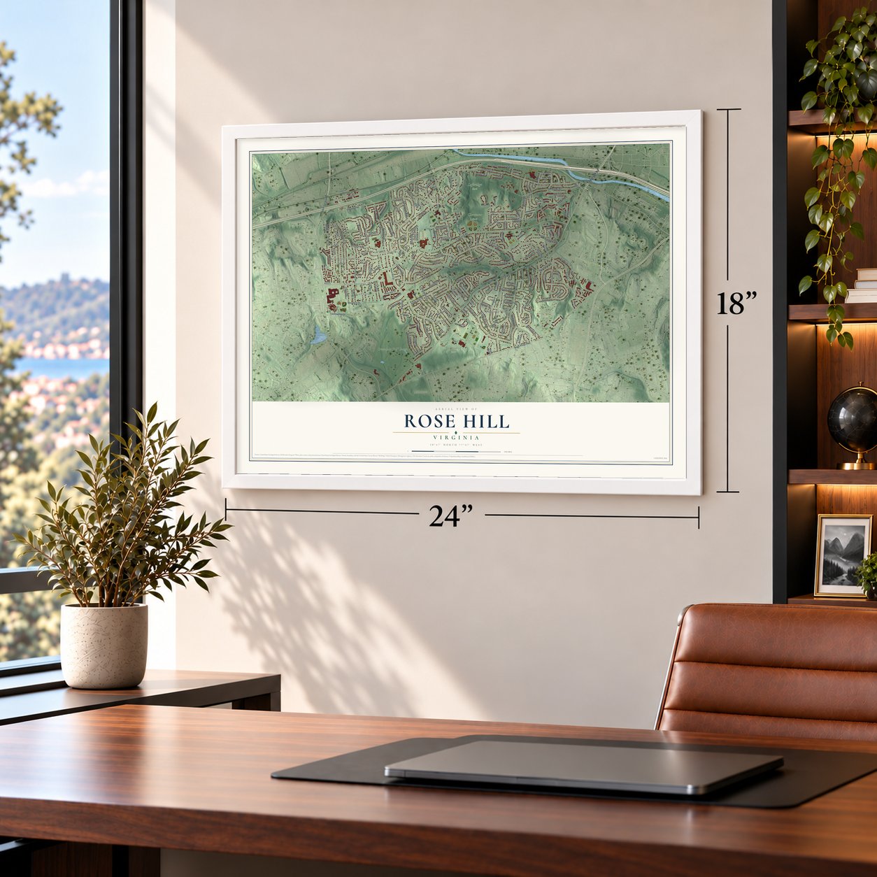 Rose Hill, Virginia map, 18 x 24 inch print in a white frame in a home office