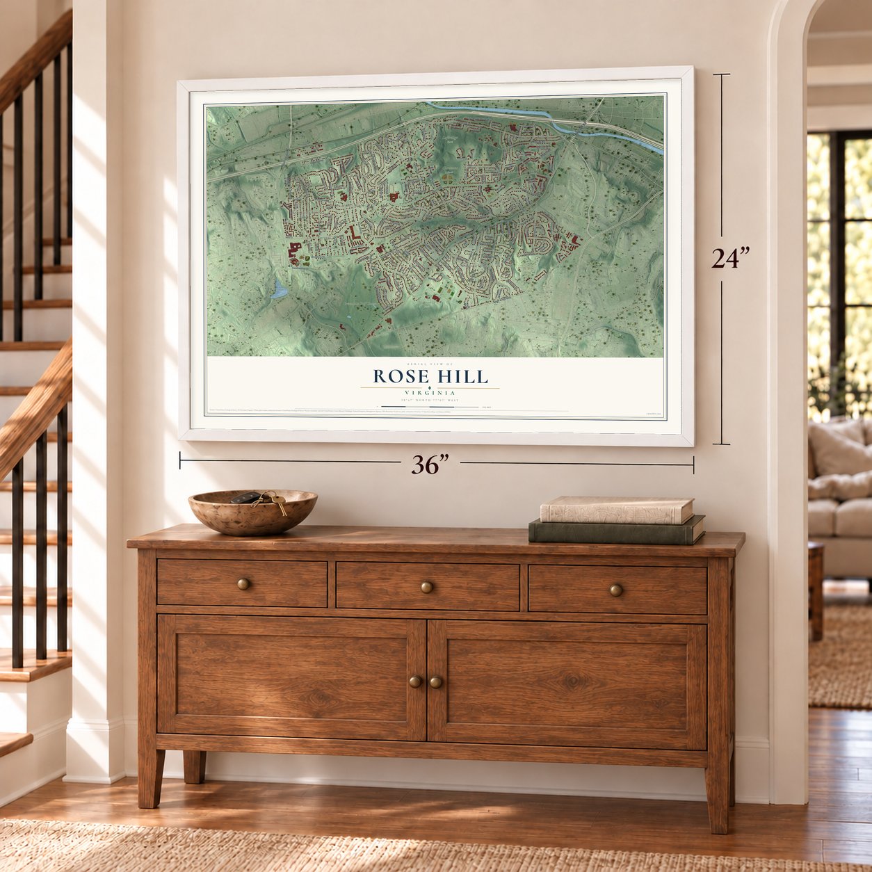 Rose Hill, Virginia map, 24 x 36 inch print in a white frame above a dresser by a staircase