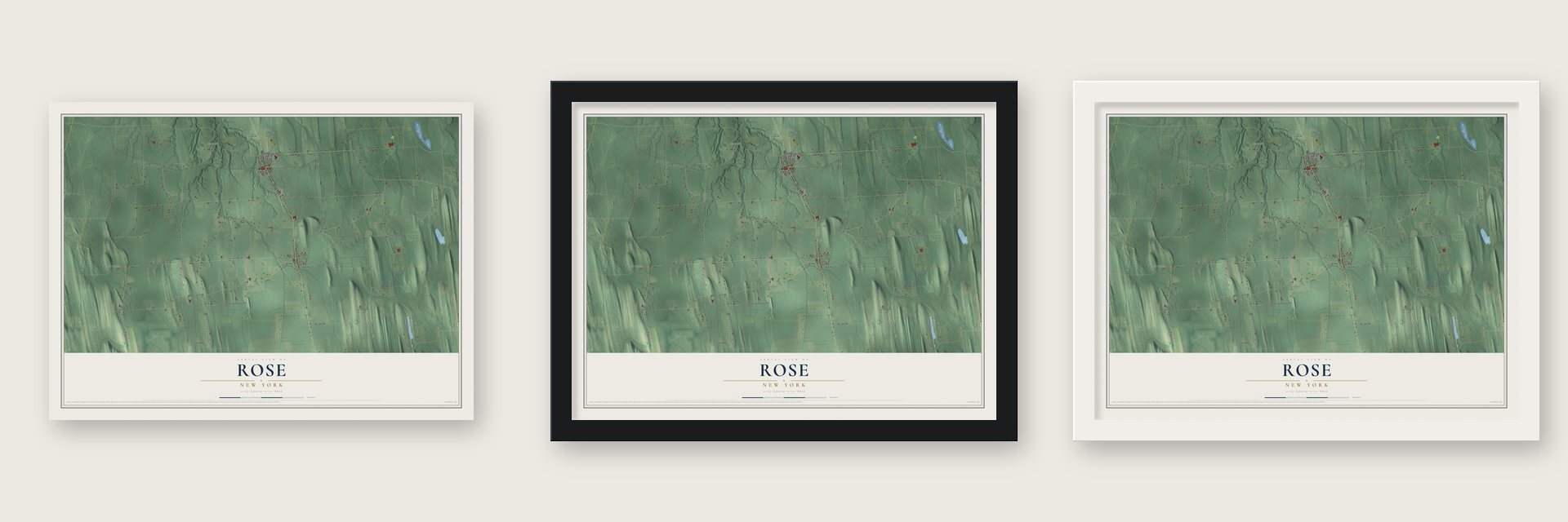 Rose, New York map unframed, in a black wood frame and in a white wood frame