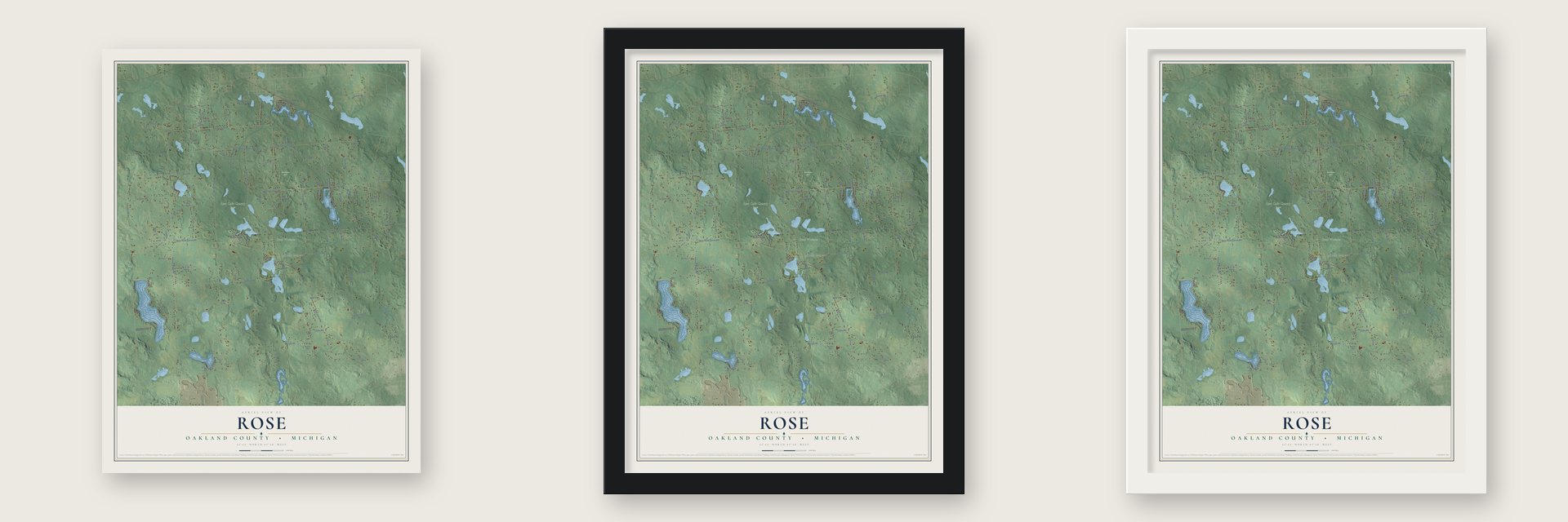 Rose, Oakland County, Michigan map unframed, in a black wood frame and in a white wood frame