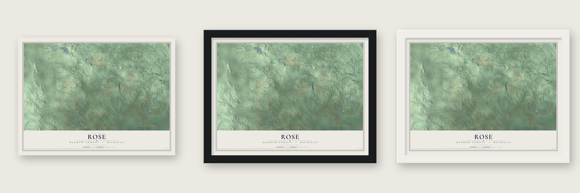 Rose, Ogemaw County, Michigan map unframed, in a black wood frame and in a white wood frame