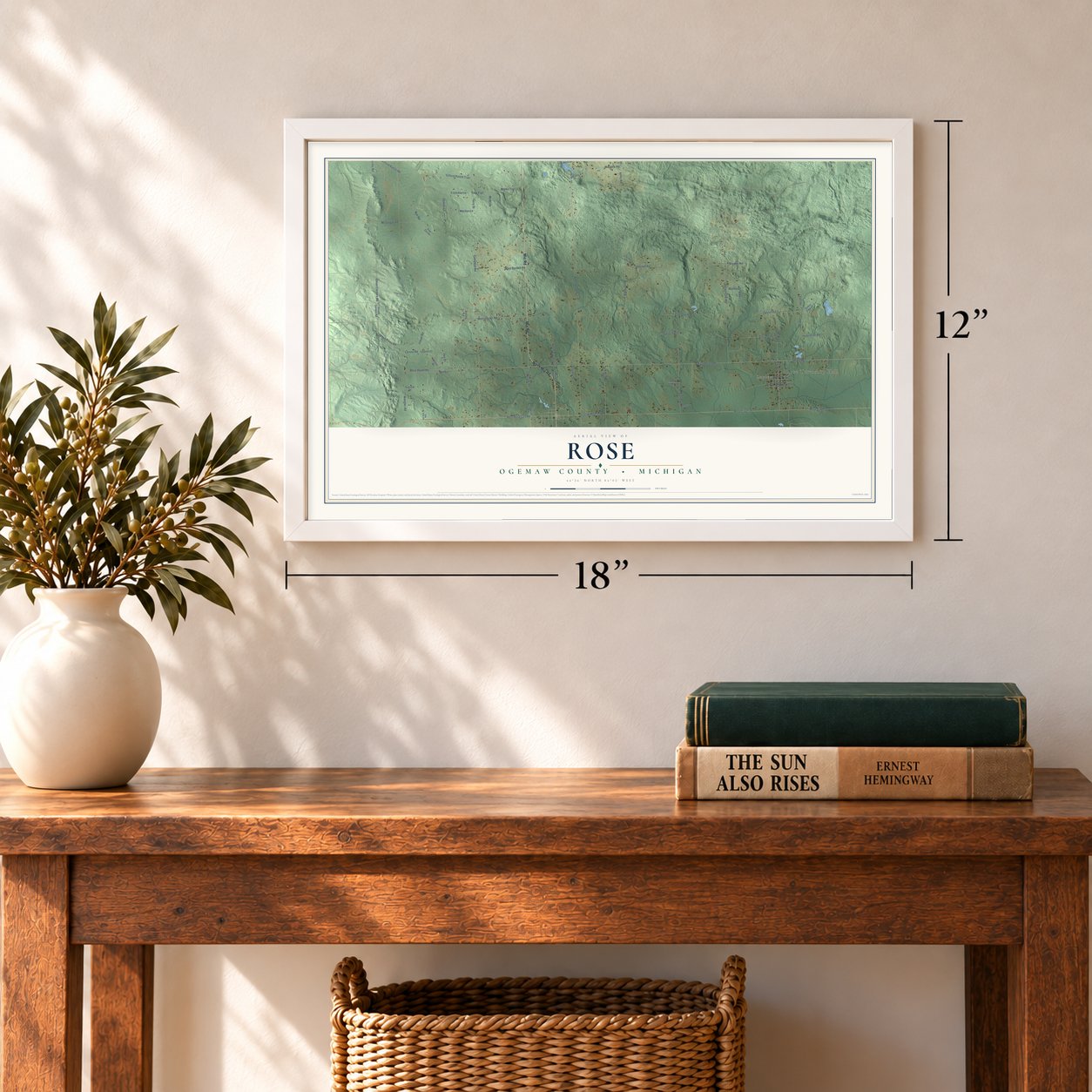 Rose, Ogemaw County, Michigan map, 12 x 18 inch print in a white frame in an entryway