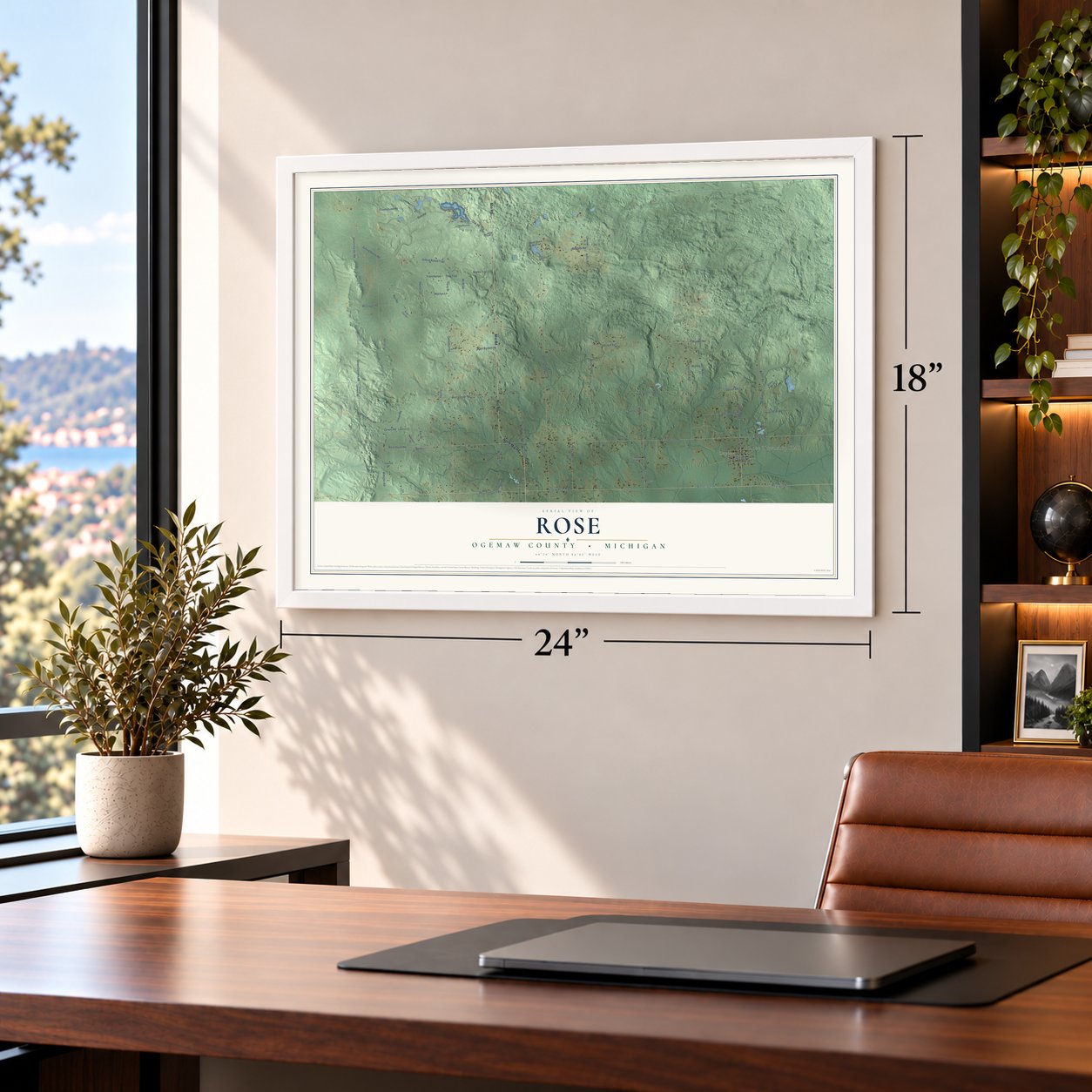 Rose, Ogemaw County, Michigan map, 18 x 24 inch print in a white frame in a home office