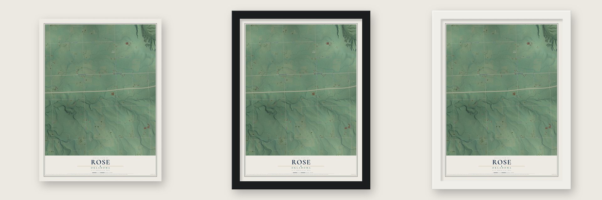 Rose, Oklahoma map unframed, in a black wood frame and in a white wood frame