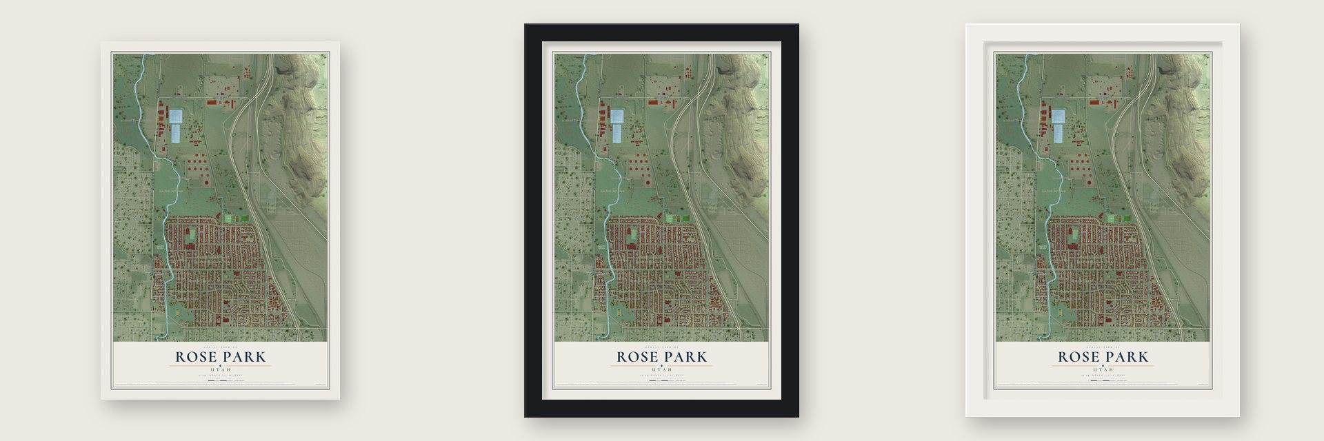 Rose Park, Utah map unframed, in a black wood frame and in a white wood frame
