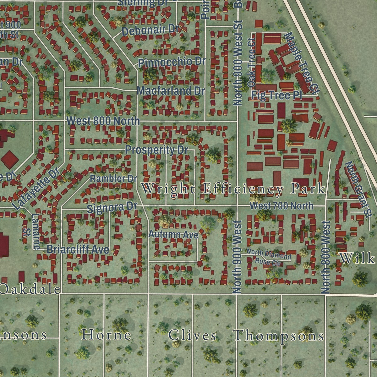 Second close-up of the map of Rose Park, Utah print showing more streets and buildings