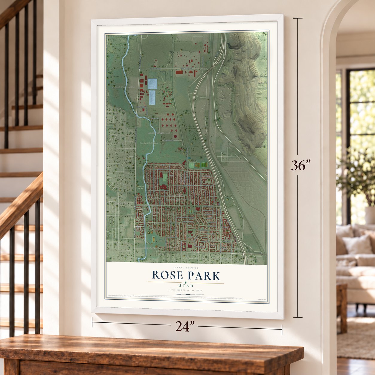 Rose Park, Utah map, 24 x 36 inch print in a white frame by a staircase