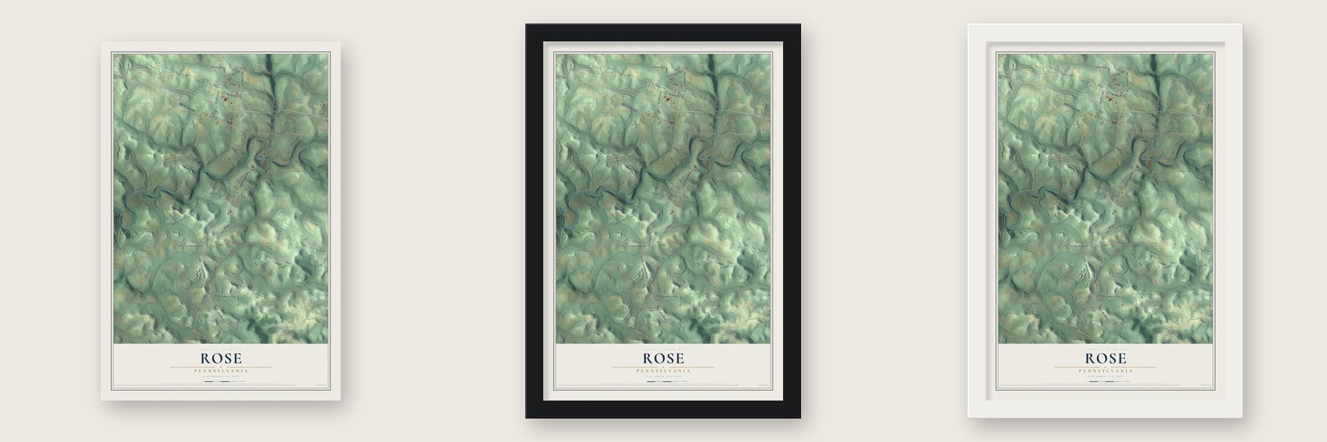 Rose, Pennsylvania map unframed, in a black wood frame and in a white wood frame