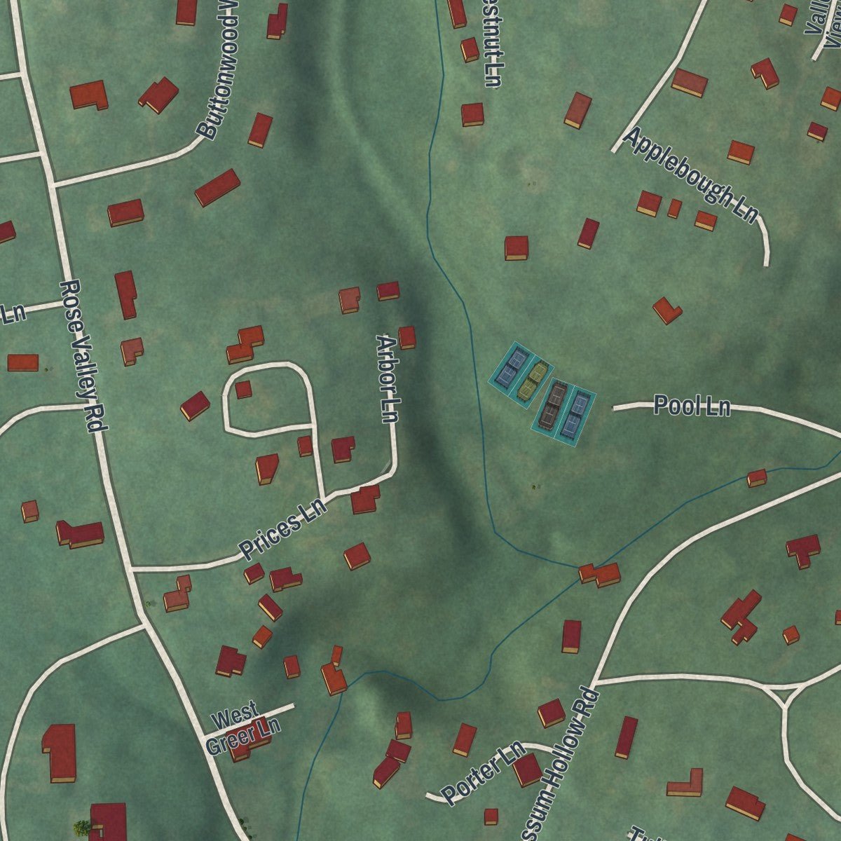 Second close-up of the map of Rose Valley, Pennsylvania print showing more streets and buildings