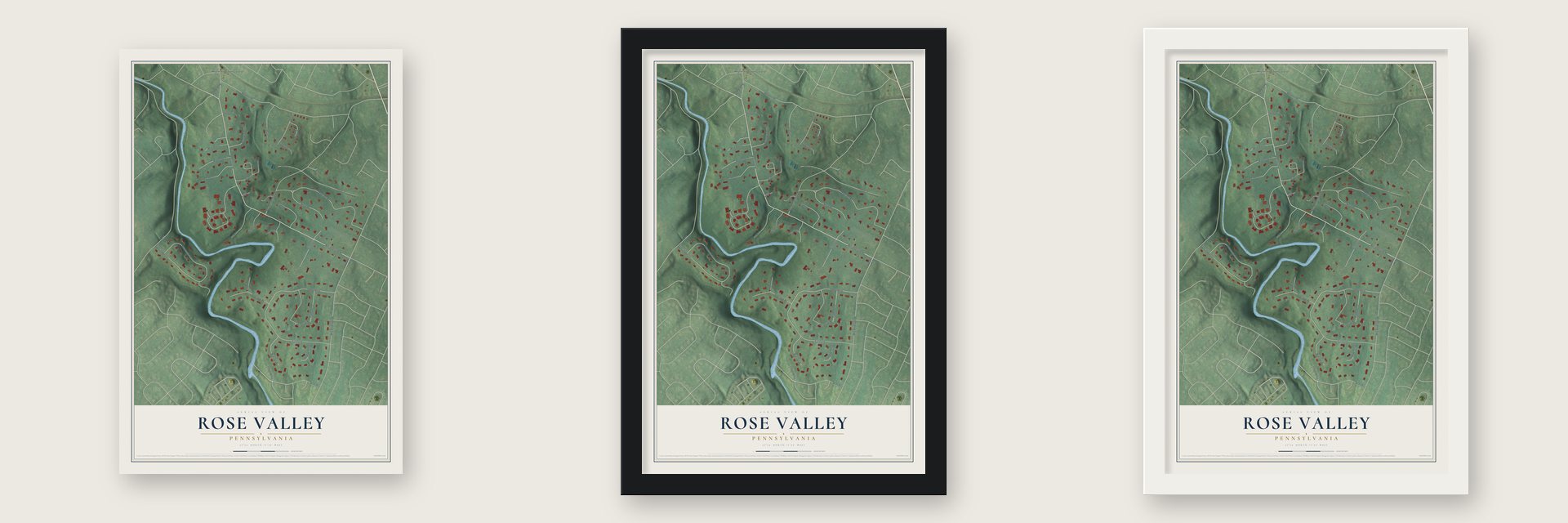 Rose Valley, Pennsylvania map unframed, in a black wood frame and in a white wood frame