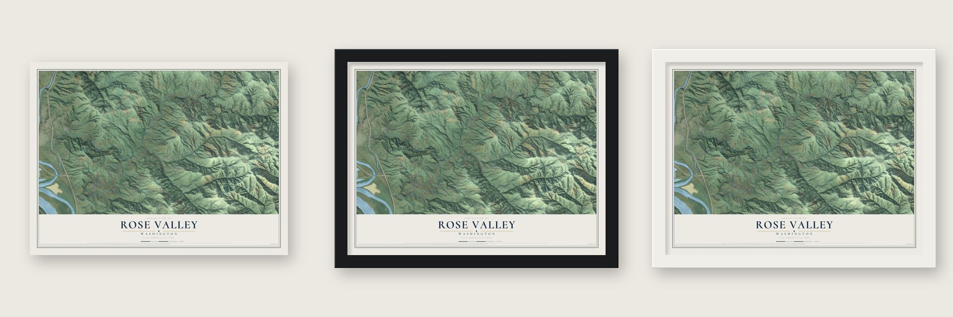 Rose Valley, Washington map unframed, in a black wood frame and in a white wood frame